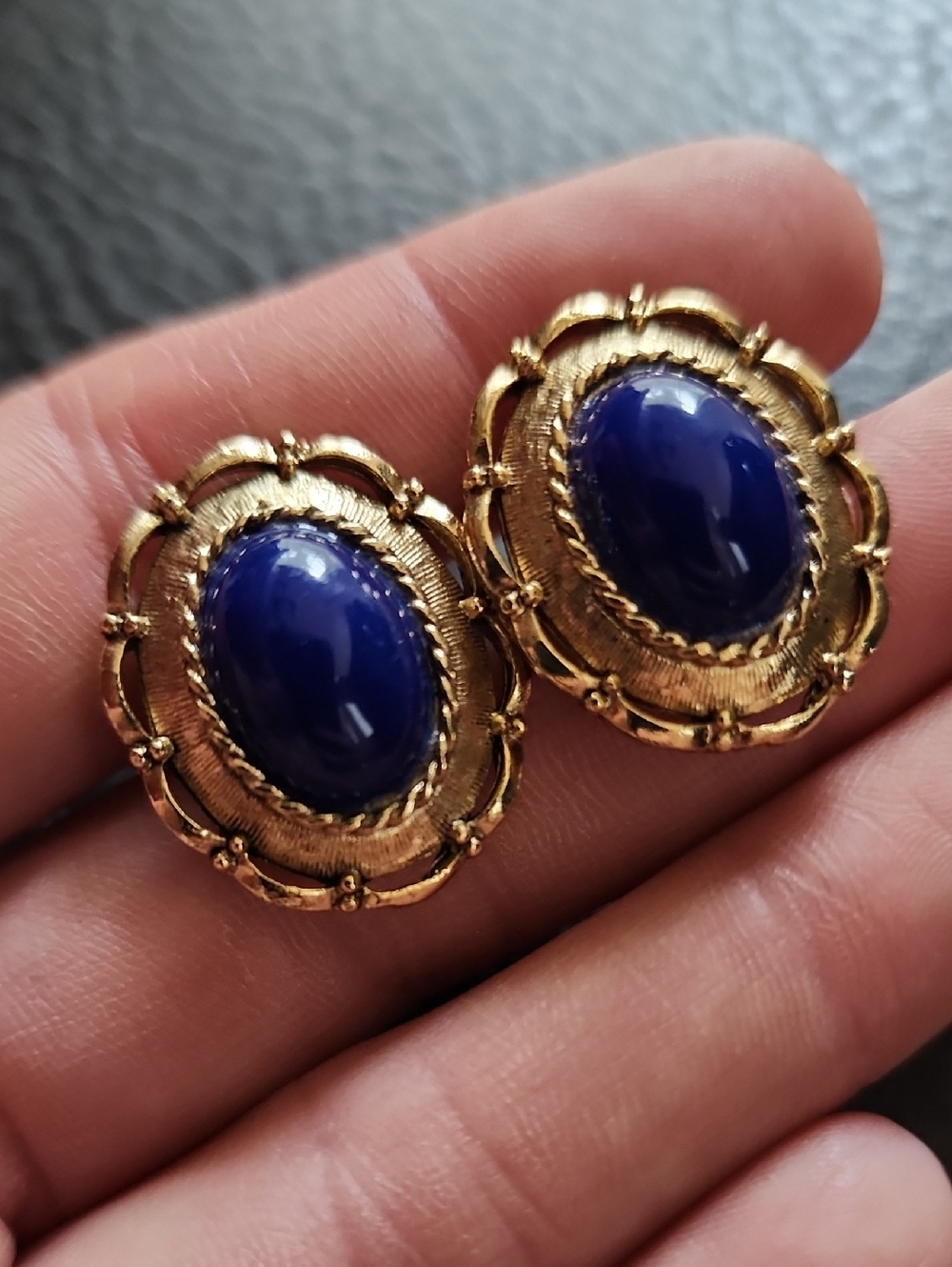 VTG Gold-Tone Clip Earrings with Deep Blue Cabochon Center